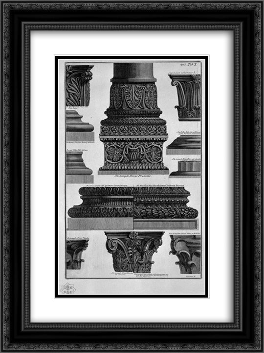 Column bases and capitals (S Prassede, St. Peter in Chains, Villa Albani, etc.) 18x24 Black Ornate Wood Framed Art Print Poster with Double Matting by Piranesi, Giovanni Battista