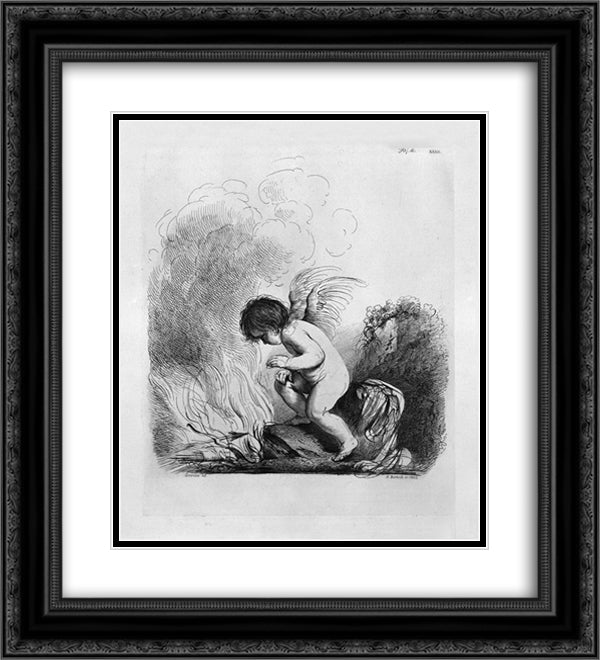 Cupid looking to burn the bow and arrows by Guercino 20x22 Black Ornate Wood Framed Art Print Poster with Double Matting by Piranesi, Giovanni Battista