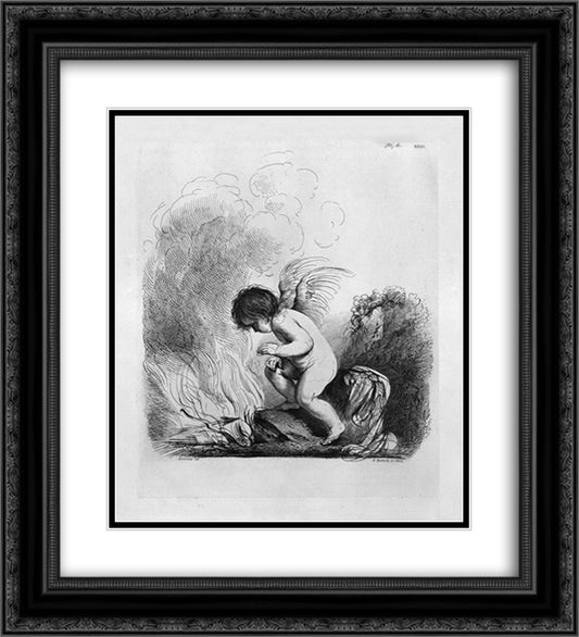 Cupid looking to burn the bow and arrows by Guercino 20x22 Black Ornate Wood Framed Art Print Poster with Double Matting by Piranesi, Giovanni Battista