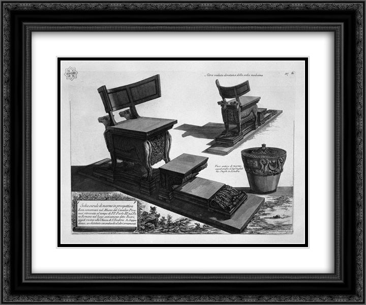 Curule chair of marble found at the Rostra in the Roman Forum, and a marble vase 24x20 Black Ornate Wood Framed Art Print Poster with Double Matting by Piranesi, Giovanni Battista