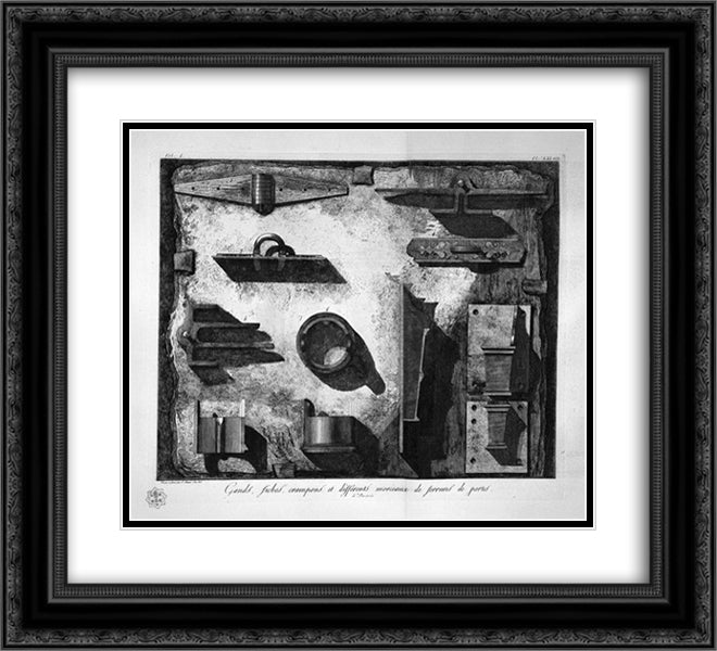 Door Hardware found in Pompeii 22x20 Black Ornate Wood Framed Art Print Poster with Double Matting by Piranesi, Giovanni Battista