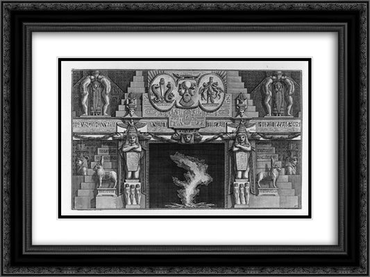 Egyptian-style fireplace, flanked by two kneeling female figures 24x18 Black Ornate Wood Framed Art Print Poster with Double Matting by Piranesi, Giovanni Battista