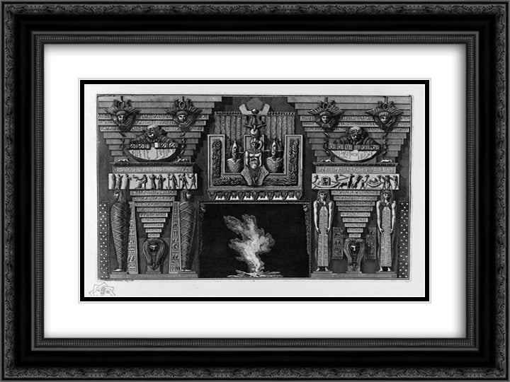 Egyptian-style fireplace, two figures on the right foot, since two mummies 24x18 Black Ornate Wood Framed Art Print Poster with Double Matting by Piranesi, Giovanni Battista