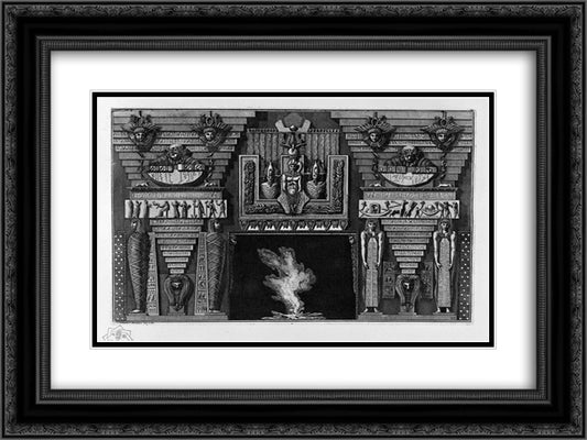 Egyptian-style fireplace, two figures on the right foot, since two mummies 24x18 Black Ornate Wood Framed Art Print Poster with Double Matting by Piranesi, Giovanni Battista
