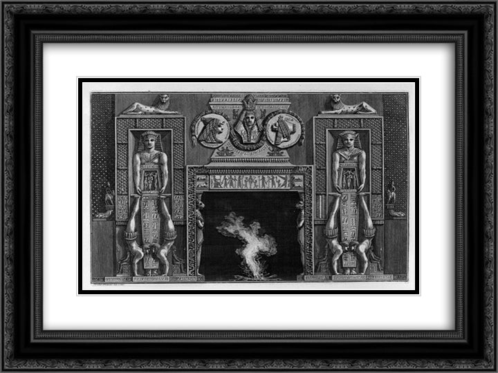 Egyptian-style fireplace, two on each side jugglers spilled on the hands 24x18 Black Ornate Wood Framed Art Print Poster with Double Matting by Piranesi, Giovanni Battista