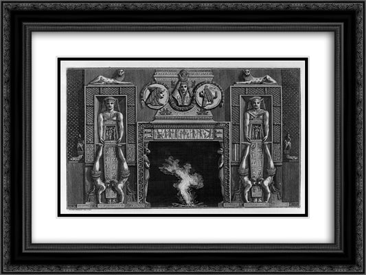 Egyptian-style fireplace, two on each side jugglers spilled on the hands 24x18 Black Ornate Wood Framed Art Print Poster with Double Matting by Piranesi, Giovanni Battista
