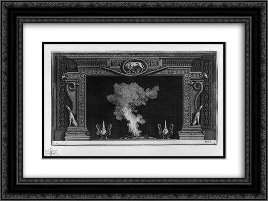 Fireplace, two greyhounds, squatting, on the sides, and the Roman she-wolf in the frieze 24x18 Black Ornate Wood Framed Art Print Poster with Double Matting by Piranesi, Giovanni Battista