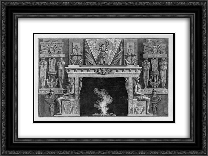 Fireplace Egyptian style, the sides two seated figures in profile, facing outwards 24x18 Black Ornate Wood Framed Art Print Poster with Double Matting by Piranesi, Giovanni Battista