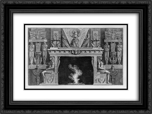 Fireplace Egyptian style, the sides two seated figures in profile, facing outwards 24x18 Black Ornate Wood Framed Art Print Poster with Double Matting by Piranesi, Giovanni Battista