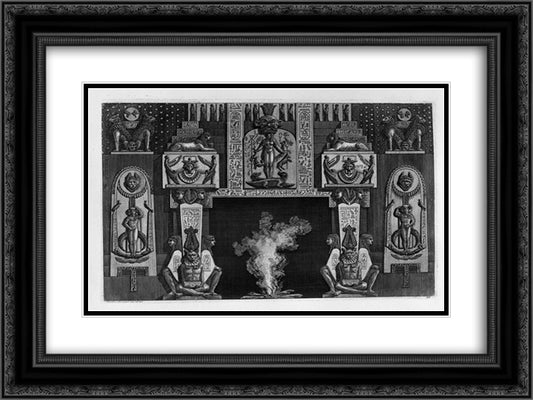 Fireplace Egyptian-style three seated figures on each side 24x18 Black Ornate Wood Framed Art Print Poster with Double Matting by Piranesi, Giovanni Battista