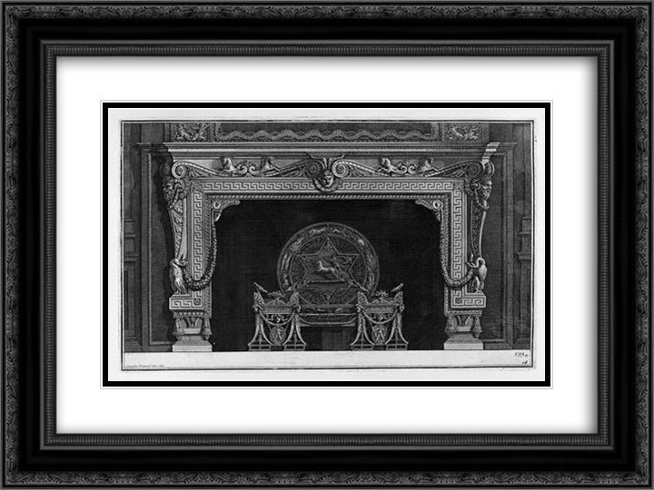 Fireplace frieze of scrolls and sea horses with central mask, a rich interior wing 24x18 Black Ornate Wood Framed Art Print Poster with Double Matting by Piranesi, Giovanni Battista