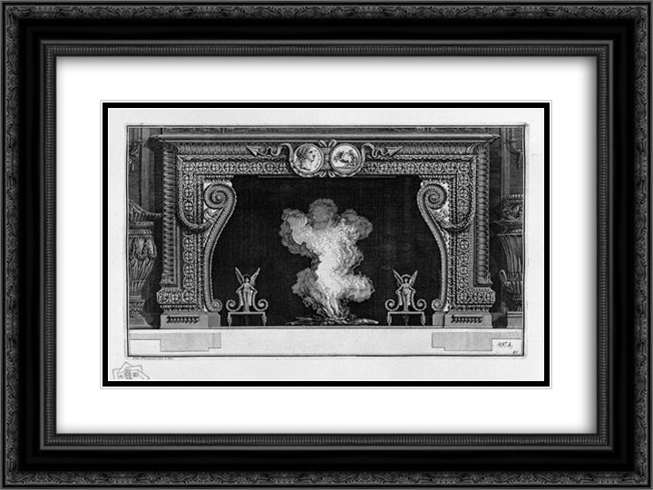 Fireplace frieze on a medal with his imperial backhand; inside wing with two winged Victories 24x18 Black Ornate Wood Framed Art Print Poster with Double Matting by Piranesi, Giovanni Battista