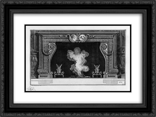 Fireplace frieze on a medal with his imperial backhand; inside wing with two winged Victories 24x18 Black Ornate Wood Framed Art Print Poster with Double Matting by Piranesi, Giovanni Battista