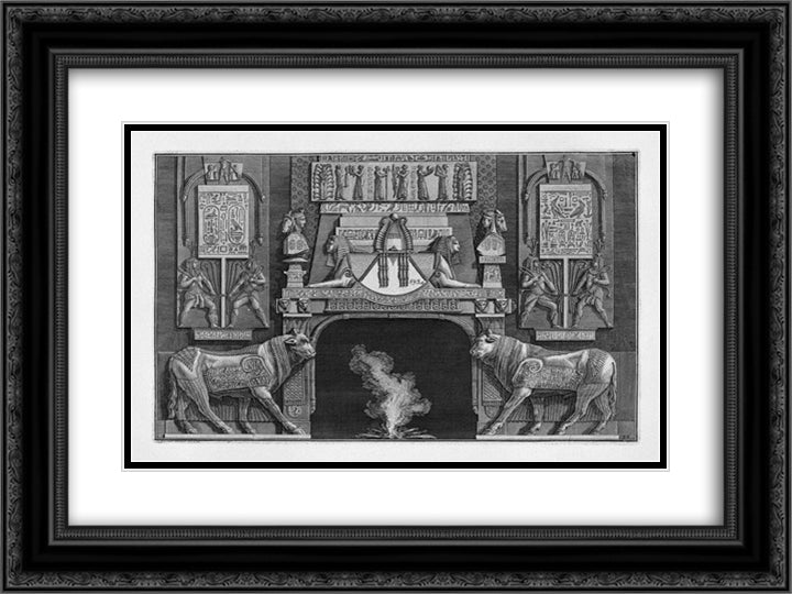 Fireplace in egyptian-style, on each side of a sacred cow in profile with her head toward the fire 24x18 Black Ornate Wood Framed Art Print Poster with Double Matting by Piranesi, Giovanni Battista