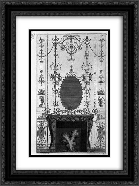 Fireplace in the frieze of Medusa heads 3 horns of plenty joined by the sides of Aries heads 18x24 Black Ornate Wood Framed Art Print Poster with Double Matting by Piranesi, Giovanni Battista