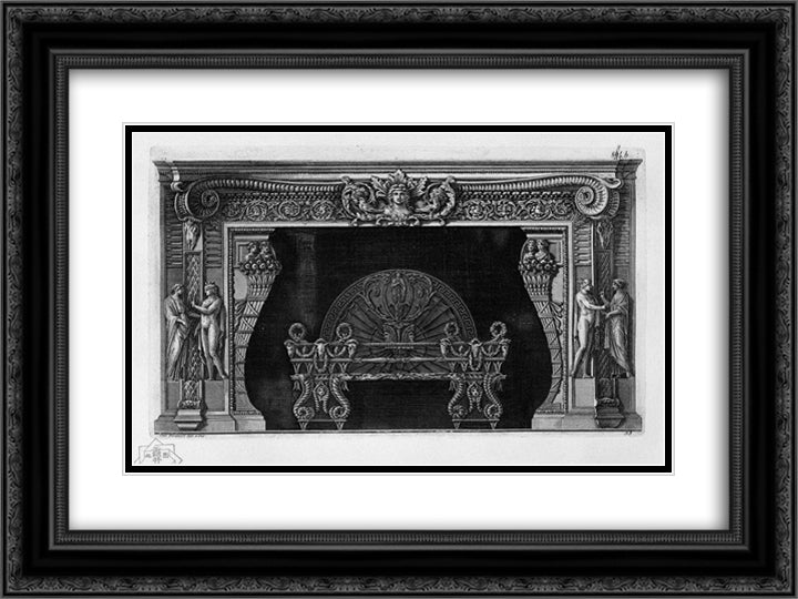 Fireplace in the frieze rython to two horse heads, hips 4 caryatids 24x18 Black Ornate Wood Framed Art Print Poster with Double Matting by Piranesi, Giovanni Battista