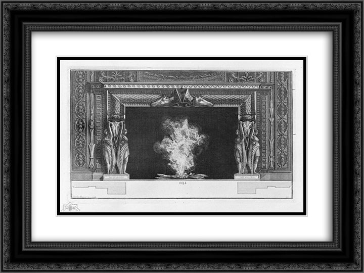 Fireplace on each side two standing figures, a naked and draped, a rich interior wing 24x18 Black Ornate Wood Framed Art Print Poster with Double Matting by Piranesi, Giovanni Battista