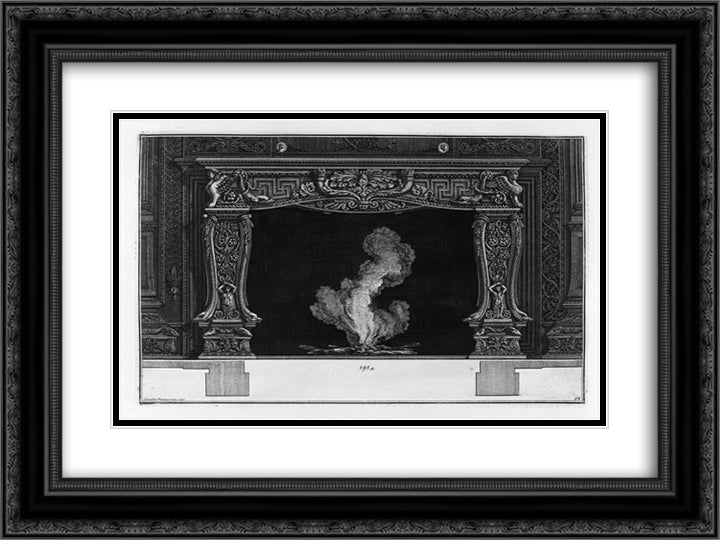 Fireplace on the frieze of acanthus leaf between two horns, dolphins and sphinxes 24x18 Black Ornate Wood Framed Art Print Poster with Double Matting by Piranesi, Giovanni Battista