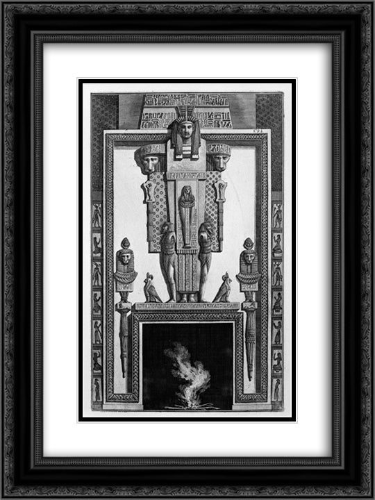 Fireplace topped by a large Egyptian-style caryatids, from a variety of decorative elements 18x24 Black Ornate Wood Framed Art Print Poster with Double Matting by Piranesi, Giovanni Battista