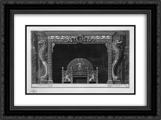Fireplace two sides of the well-head lion paws of a lion in a rich wing 24x18 Black Ornate Wood Framed Art Print Poster with Double Matting by Piranesi, Giovanni Battista