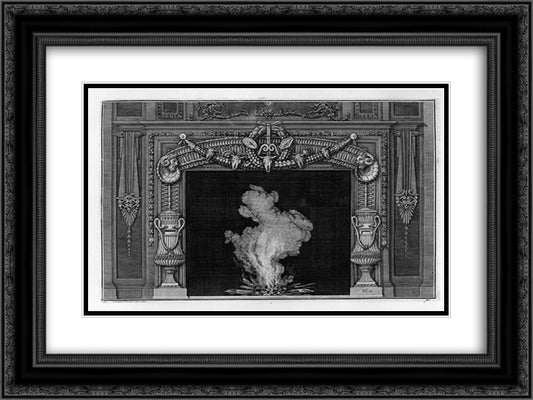 Fireplace two vases on the sides with snakes 24x18 Black Ornate Wood Framed Art Print Poster with Double Matting by Piranesi, Giovanni Battista