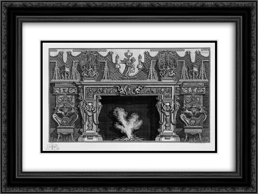 Fireplace with a frieze of armor; heron in a shell at the center between two dragons 24x18 Black Ornate Wood Framed Art Print Poster with Double Matting by Piranesi, Giovanni Battista
