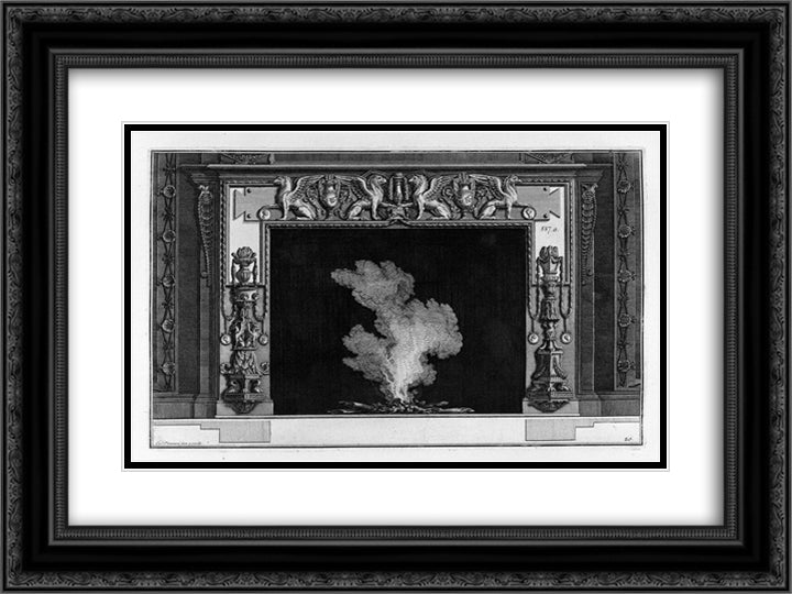 Fireplace with a frieze of griffins; hips candlestick 24x18 Black Ornate Wood Framed Art Print Poster with Double Matting by Piranesi, Giovanni Battista