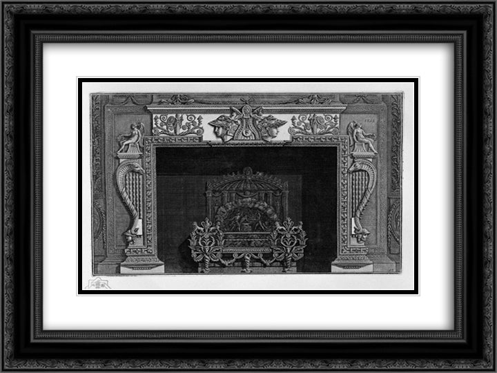 Fireplace with a large ornate metal wing 24x18 Black Ornate Wood Framed Art Print Poster with Double Matting by Piranesi, Giovanni Battista