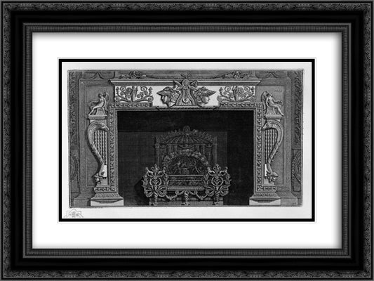 Fireplace with a large ornate metal wing 24x18 Black Ornate Wood Framed Art Print Poster with Double Matting by Piranesi, Giovanni Battista