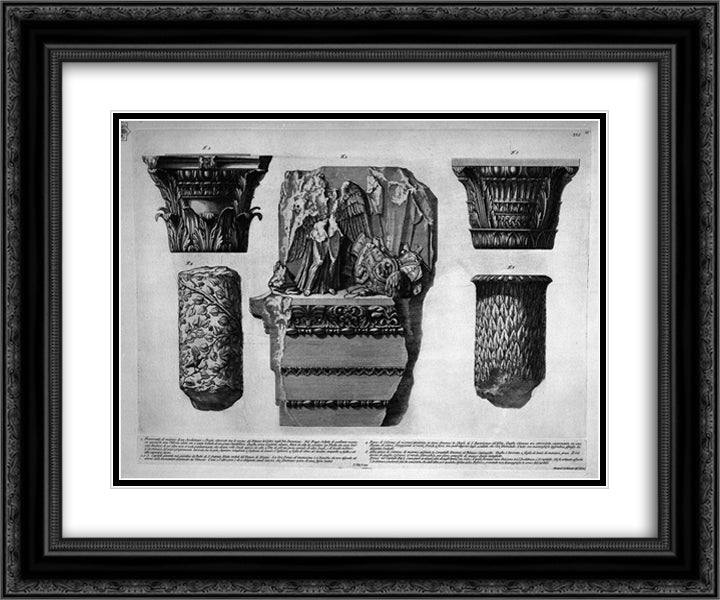 Fragment of an architrave and frieze, capitals of columns and pieces 24x20 Black Ornate Wood Framed Art Print Poster with Double Matting by Piranesi, Giovanni Battista