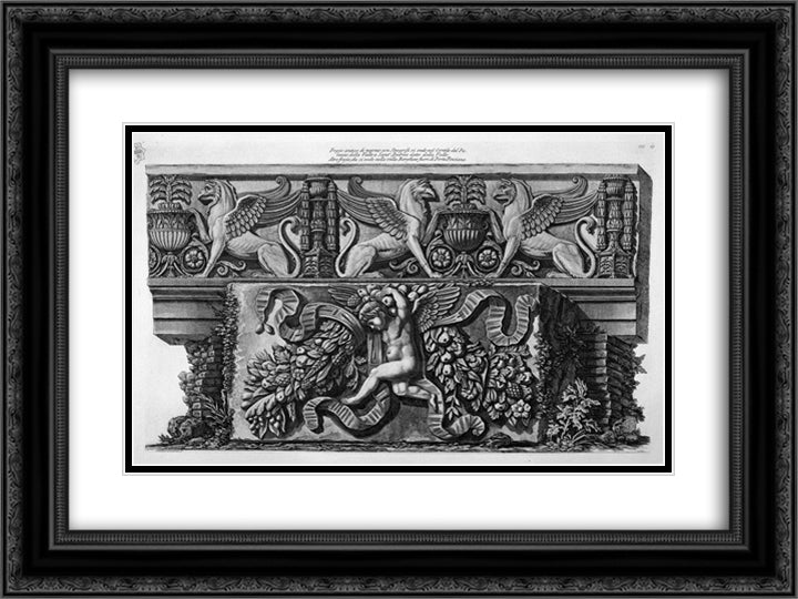 Frieze Hippogriffs ancient marble in the courtyard of the palace of the Valley 24x18 Black Ornate Wood Framed Art Print Poster with Double Matting by Piranesi, Giovanni Battista
