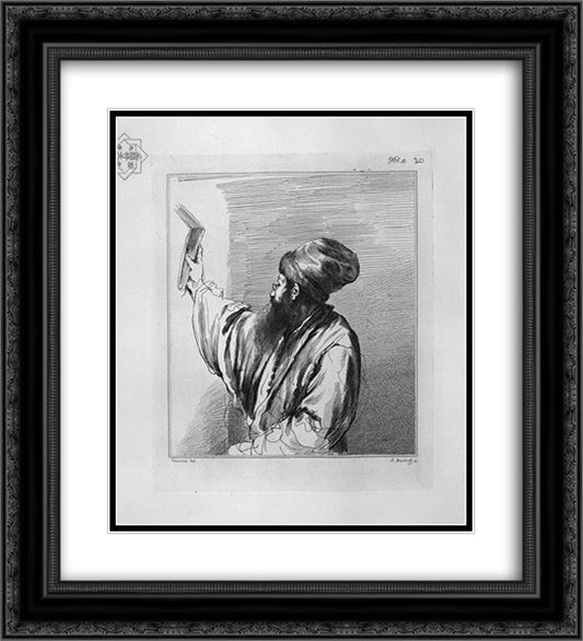 Half figure of a man in the act of hanging a picture, by Guercino 20x22 Black Ornate Wood Framed Art Print Poster with Double Matting by Piranesi, Giovanni Battista