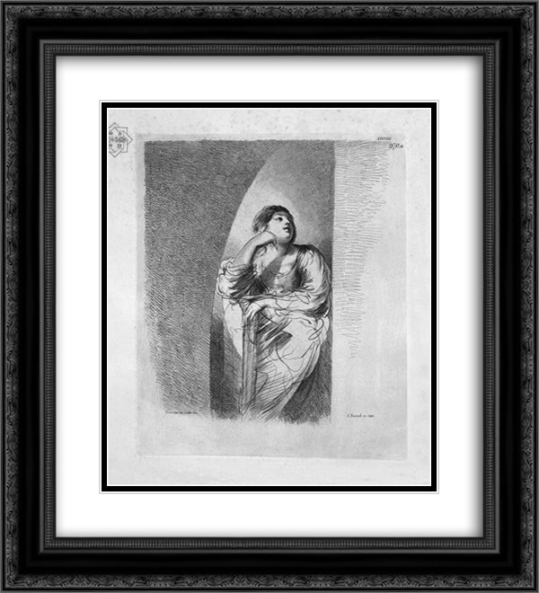Half figure of seated woman, her face resting on his right hand, by Guercino 20x22 Black Ornate Wood Framed Art Print Poster with Double Matting by Piranesi, Giovanni Battista