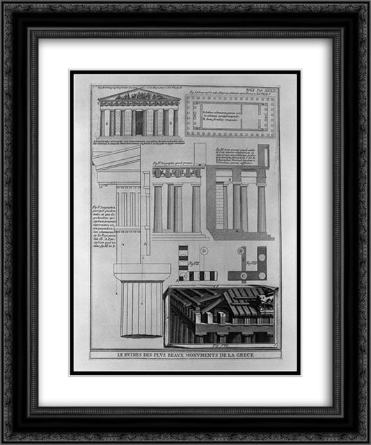 Plan, elevation and details of Doric temples in Greece (from Le Roy) 20x24 Black Ornate Wood Framed Art Print Poster with Double Matting by Piranesi, Giovanni Battista