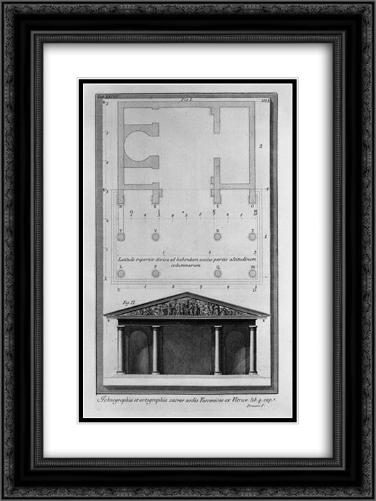 Plan and elevation of the second Temple Tuscan Vitruvius 18x24 Black Ornate Wood Framed Art Print Poster with Double Matting by Piranesi, Giovanni Battista