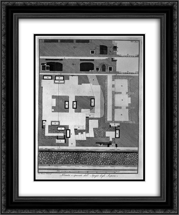 Plan and sections of the Hypogeum of the Scipios 20x24 Black Ornate Wood Framed Art Print Poster with Double Matting by Piranesi, Giovanni Battista