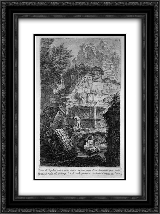 Ruins of an ancient tomb placed before other ruins of an aqueduct 18x24 Black Ornate Wood Framed Art Print Poster with Double Matting by Piranesi, Giovanni Battista