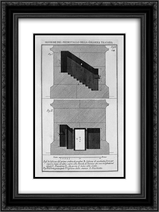 Section of the pedestal and base of the column itself, the main door and window 18x24 Black Ornate Wood Framed Art Print Poster with Double Matting by Piranesi, Giovanni Battista