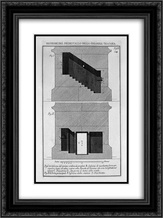 Section of the pedestal and base of the column itself, the main door and window 18x24 Black Ornate Wood Framed Art Print Poster with Double Matting by Piranesi, Giovanni Battista