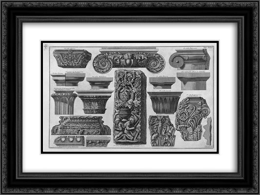 Several capitals and a bas-relief (Farnese Gardens, Villa Barberini, etc.) 24x18 Black Ornate Wood Framed Art Print Poster with Double Matting by Piranesi, Giovanni Battista