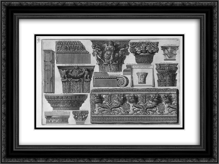 Several capitals and a frieze of Roman Villas 24x18 Black Ornate Wood Framed Art Print Poster with Double Matting by Piranesi, Giovanni Battista