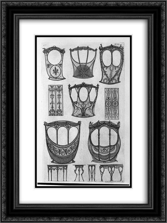 Six sides of sedans, two panels, two tripods, two tables to the wall 18x24 Black Ornate Wood Framed Art Print Poster with Double Matting by Piranesi, Giovanni Battista