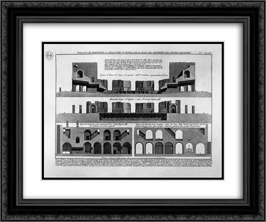 Split, showing the scene in front of building, and stairs, which ascend to the second precision 24x20 Black Ornate Wood Framed Art Print Poster with Double Matting by Piranesi, Giovanni Battista