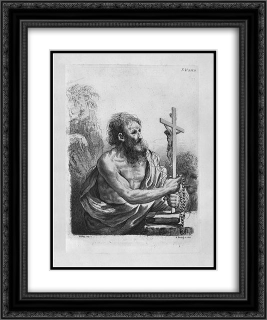 St. Jerome in the act of contemplating the crucifix, by Guercino 20x24 Black Ornate Wood Framed Art Print Poster with Double Matting by Piranesi, Giovanni Battista