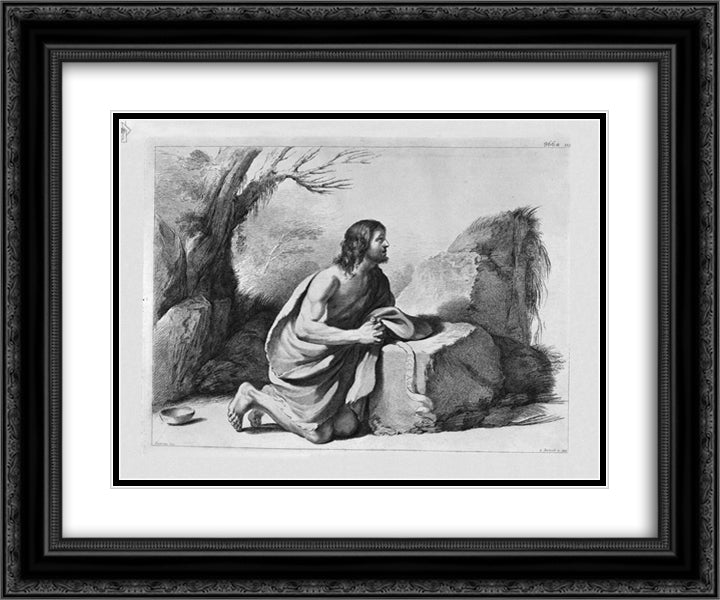 St. John the Baptist in prayer, by Guercino 24x20 Black Ornate Wood Framed Art Print Poster with Double Matting by Piranesi, Giovanni Battista