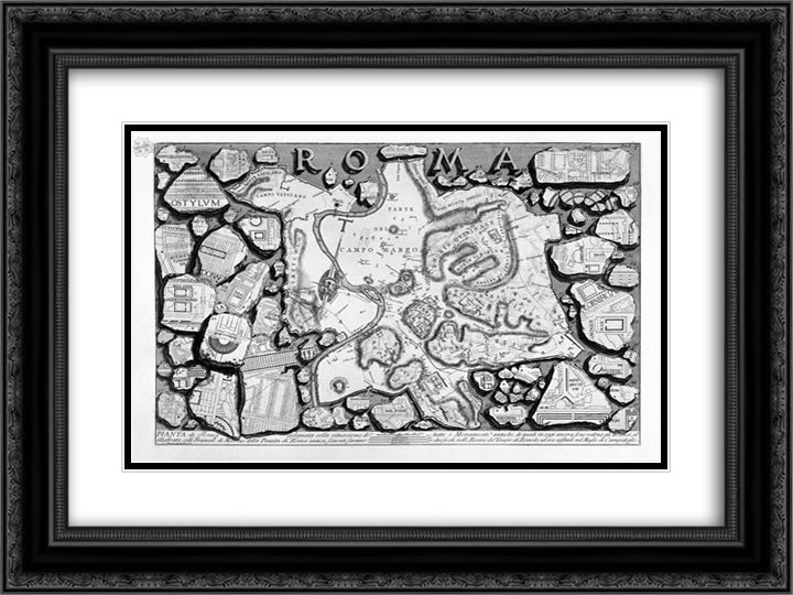 The Roman antiquities, t. 1, Plate II. Map of ancient Rome and Forma Urbis. 24x18 Black Ornate Wood Framed Art Print Poster with Double Matting by Piranesi, Giovanni Battista