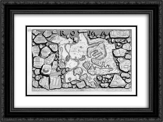 The Roman antiquities, t. 1, Plate II. Map of ancient Rome and Forma Urbis. 24x18 Black Ornate Wood Framed Art Print Poster with Double Matting by Piranesi, Giovanni Battista
