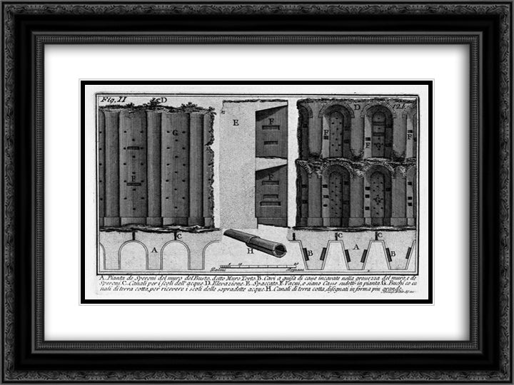 The Roman antiquities, t. 1, Plate XI. Aurelian Wall Muro Torto. 24x18 Black Ornate Wood Framed Art Print Poster with Double Matting by Piranesi, Giovanni Battista