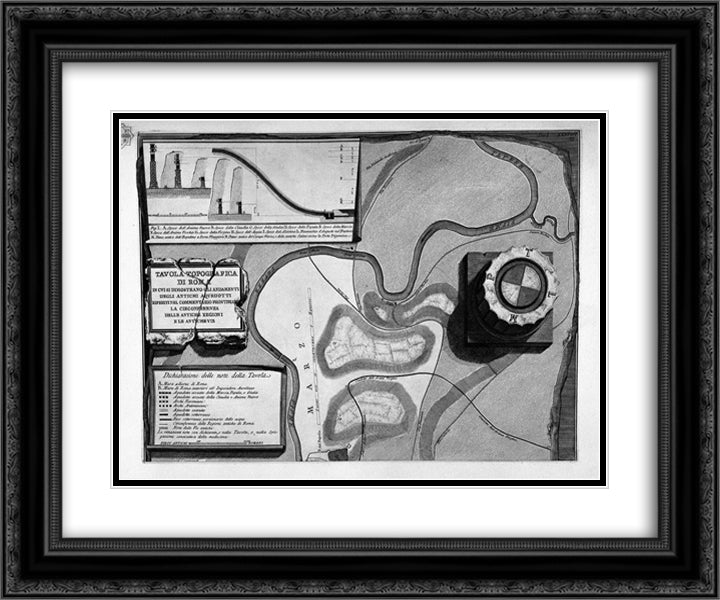 The Roman antiquities, t. 1, Plate XXXVIII. Plate of topography of Rome. 24x20 Black Ornate Wood Framed Art Print Poster with Double Matting by Piranesi, Giovanni Battista