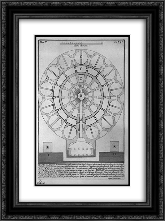 The Roman antiquities, t. 2, Plate LXI. Plan of the Mausoleum of Augustus. 18x24 Black Ornate Wood Framed Art Print Poster with Double Matting by Piranesi, Giovanni Battista